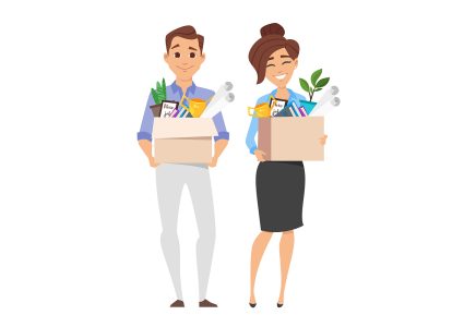 Vector flat style characters of successful smiling business woman and businessman holding cardboard box with work stuff on a new workplace. New job concept. Isolated on white background.